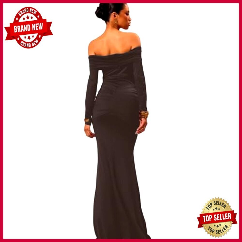 Off Shoulder Long Sleeve Maxi Dress Ruched Bodycon Party Cocktail Elegant - Picture 4 of 7
